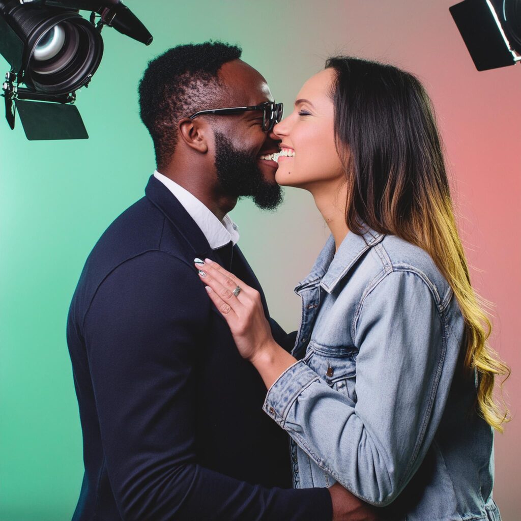 atores trocando beijos em frente as câmeras de tv em um estúdio colorido 99897