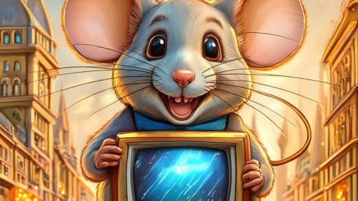 desenho de um camundongo feliz segurando uma televisão 82590