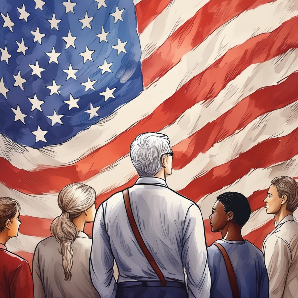 bandeira dos EUA e pessoas olhando para ela com orgulho 15492