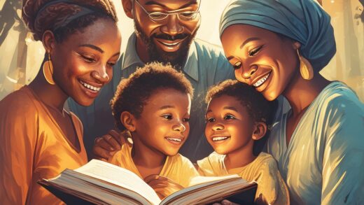Família lendo a Bíblia em grupo 72230