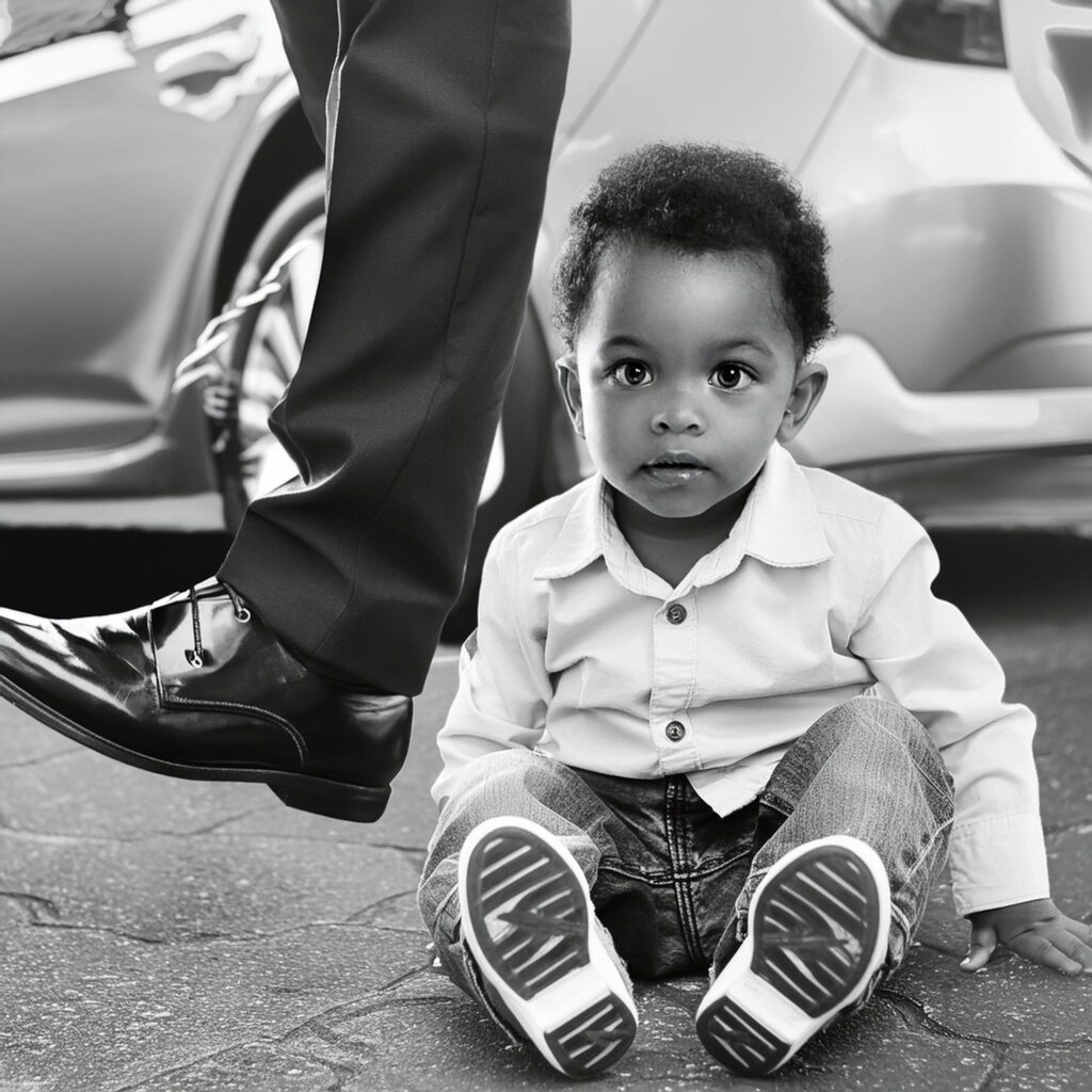 Foto em preto e branco de uma criança em contraste com um homem