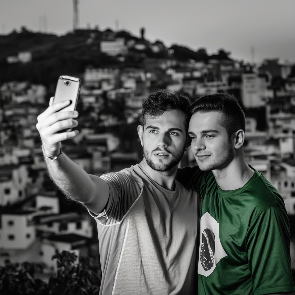 Foto em preto e branco políticos vestidos com a camisa de futebol do brasil com celular faze