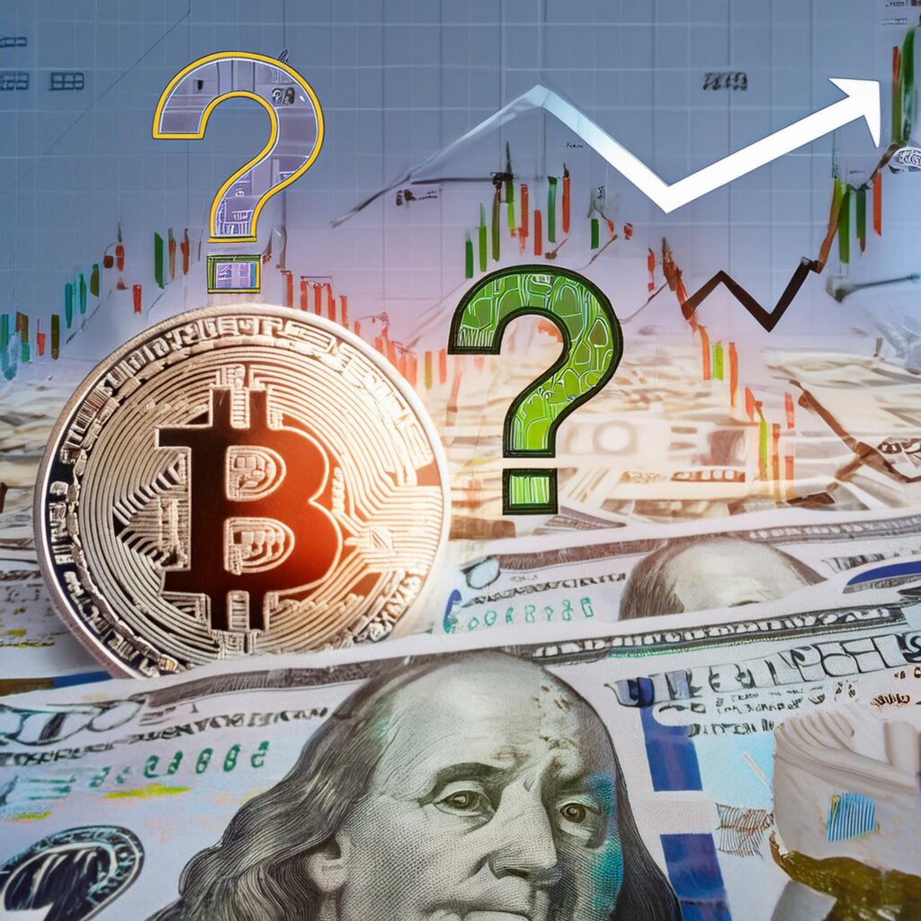 Fotomontagem com o símbolo do Bitcoin em destaque, cercado por gráficos de alta e baixa