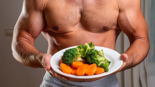 homem com corpo levemente musculoso com um prato comendo frango grelhado com brócolis e cenoura