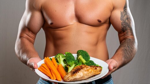 homem com corpo levemente musculoso, definido, com um prato comendo frango grelhado