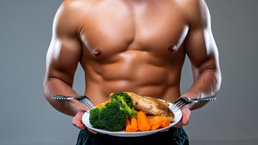 homem com corpo levemente musculoso, definido, com um prato comendo frango grelhado com brócolis (4)