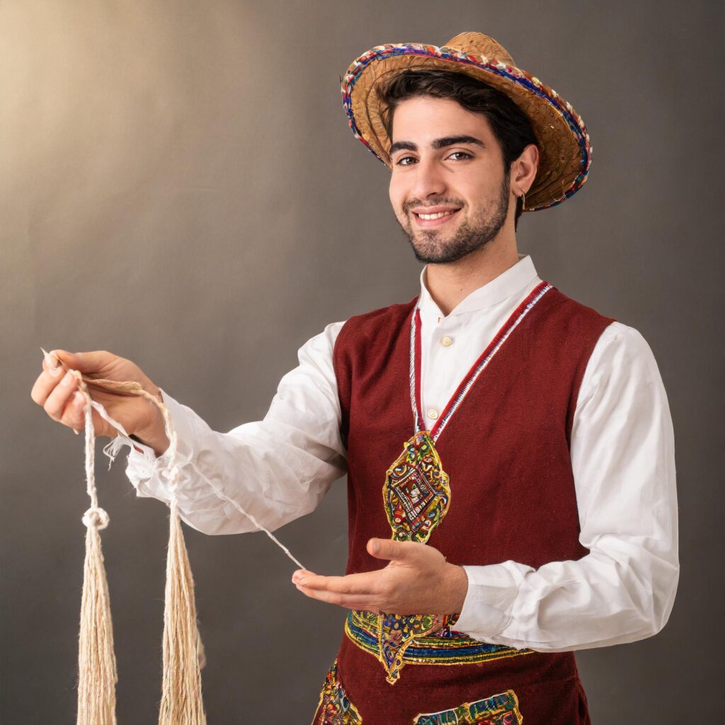 homem com vestes típicas apresentando um cordao 44610