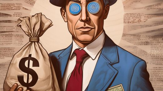 Ilustração de um político com um saco de dinheiro em uma mão e um cifrão nos olhos, ou uma f