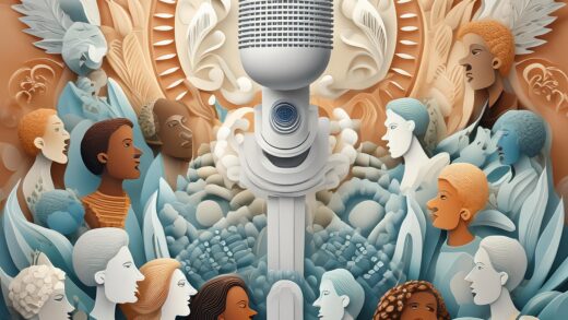 microfone cercado por diversas vozes e símbolos representando a diversi