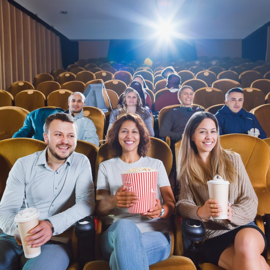 pessoas no cinema, comendo pipoca